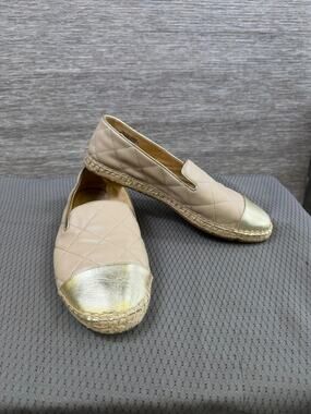 Talbots Shoes Womens Size 10M Beige Quilted Espadrille Flats Gold Cap Toe